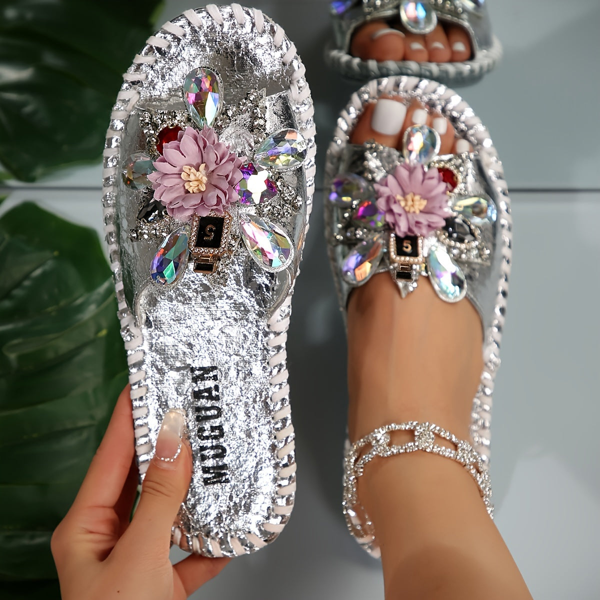 Floral Rhinestone Sandals Women Open Toe Strappy Flat Summer