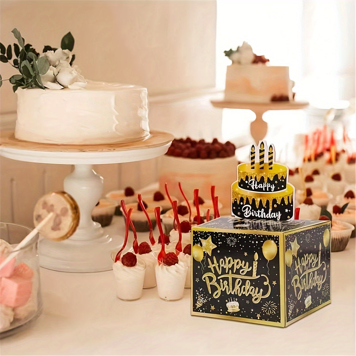 Caja de regalo extraíble para dinero de cumpleaños en negro y dorado con tarjeta de pastel para celebraciones