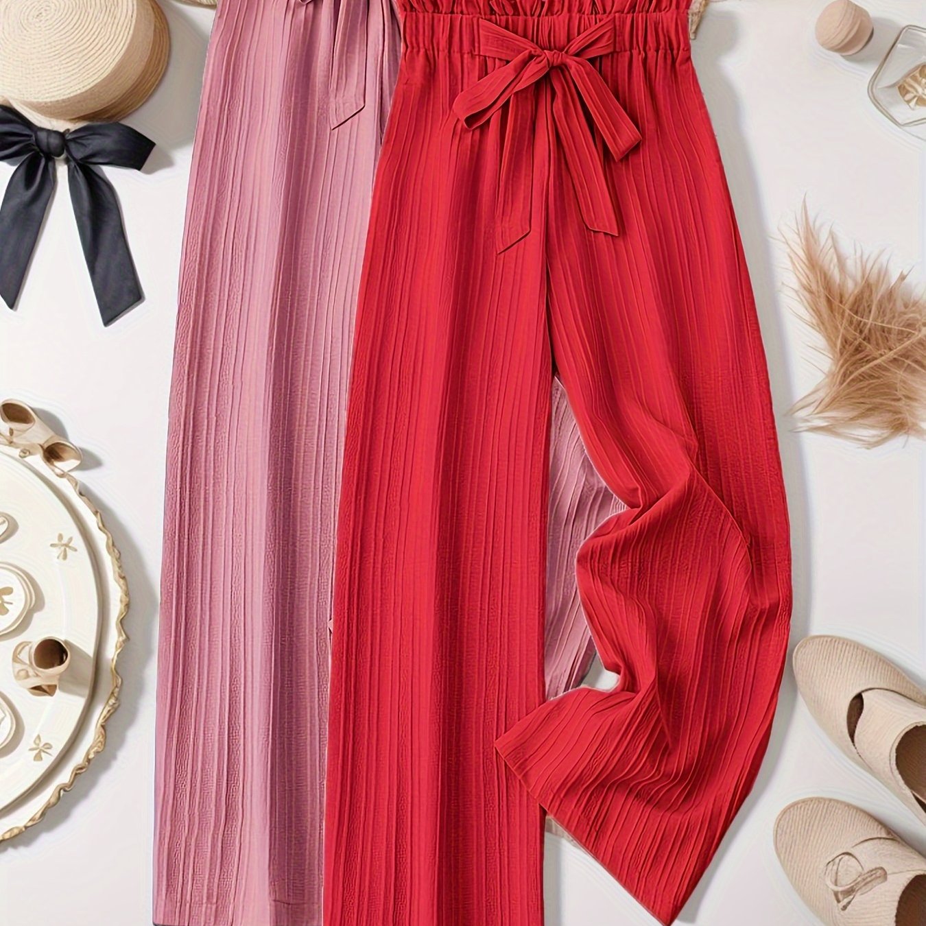 Plus Size Women’s Striped Pleated Long Pants Two Pack Casual Autumn Spring