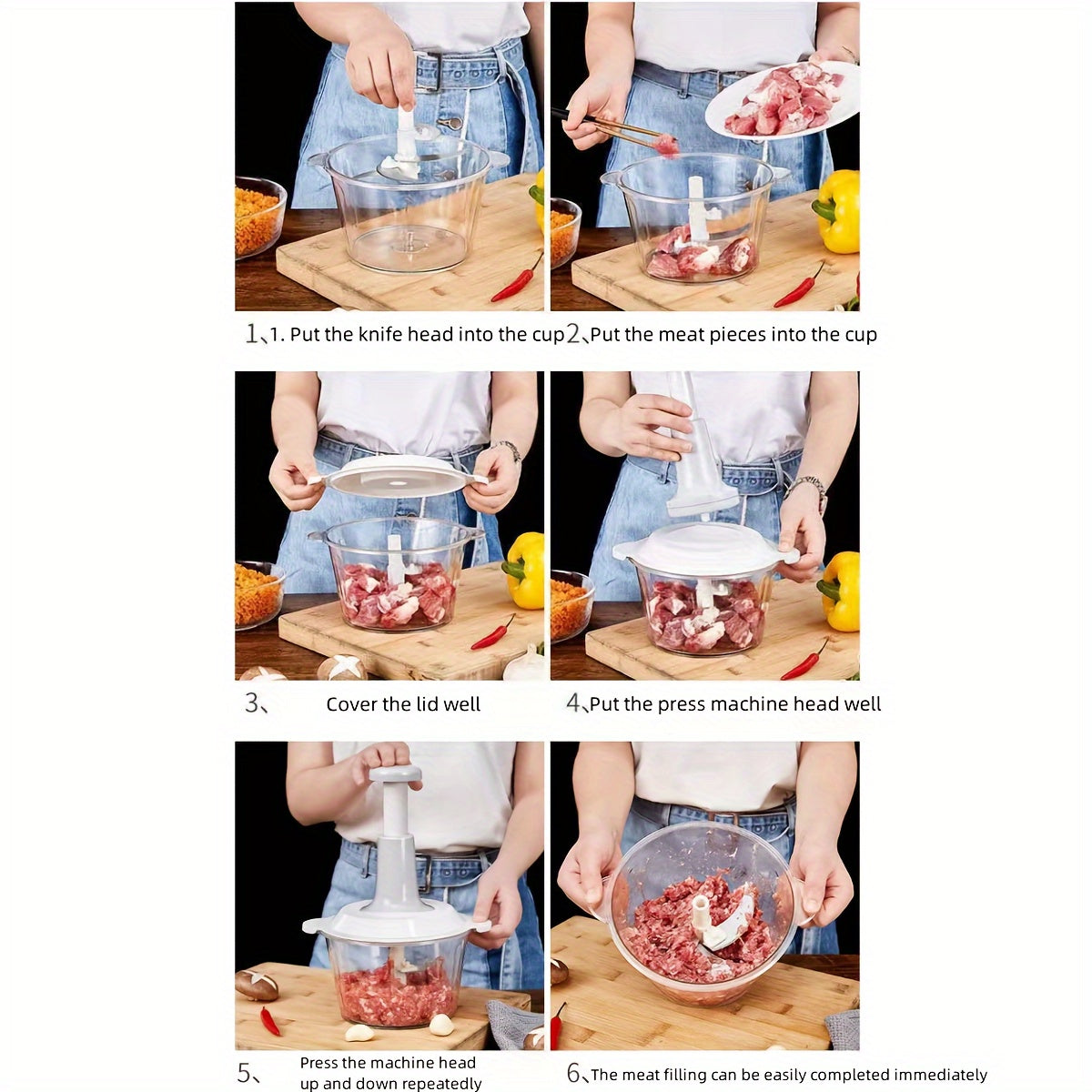 1.5L Stainless Steel Manual Food Processor for Chopping Garlic Meat Fruit