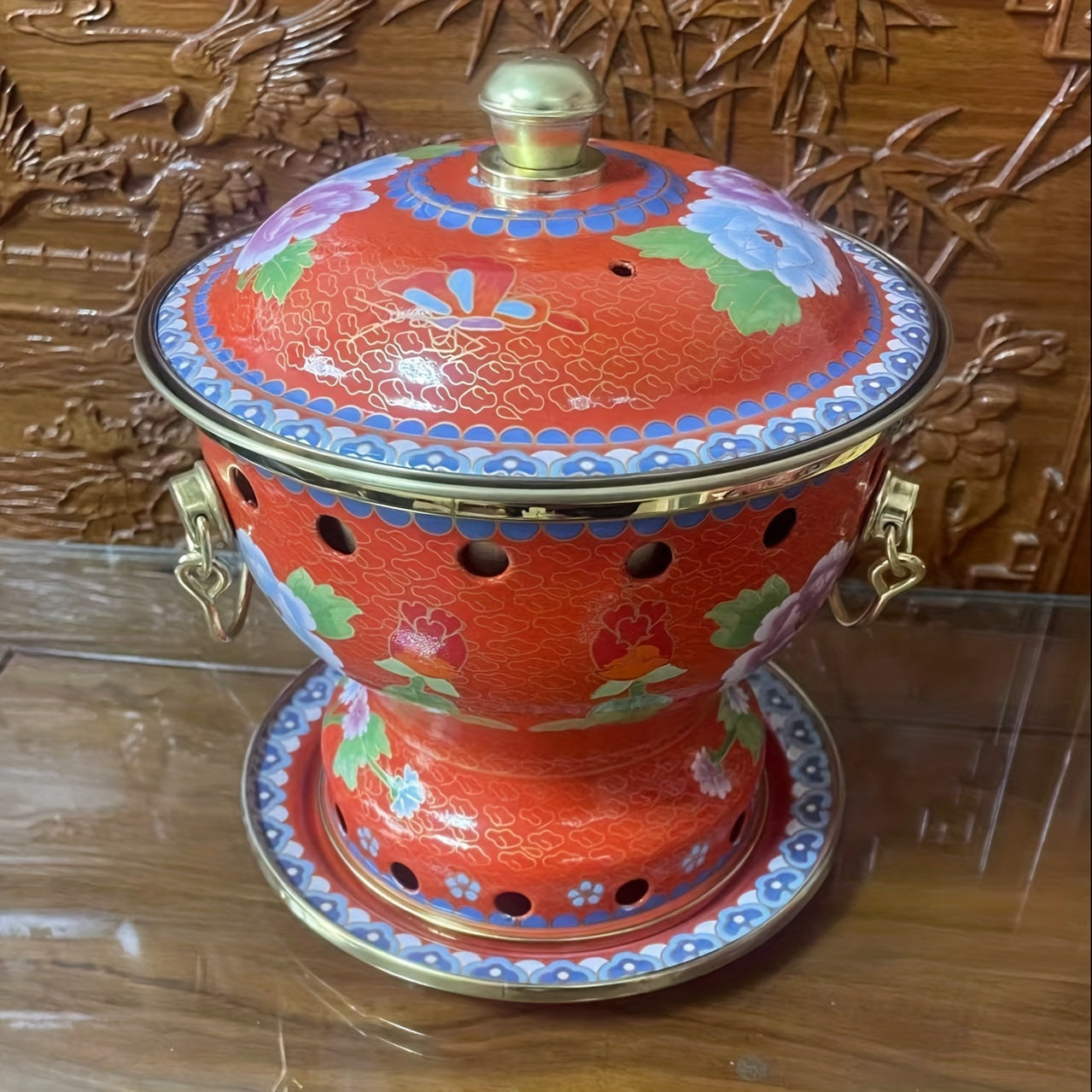 Yellow Floral Enamel Hot Pot with Brass Lining for Family or Individual Use