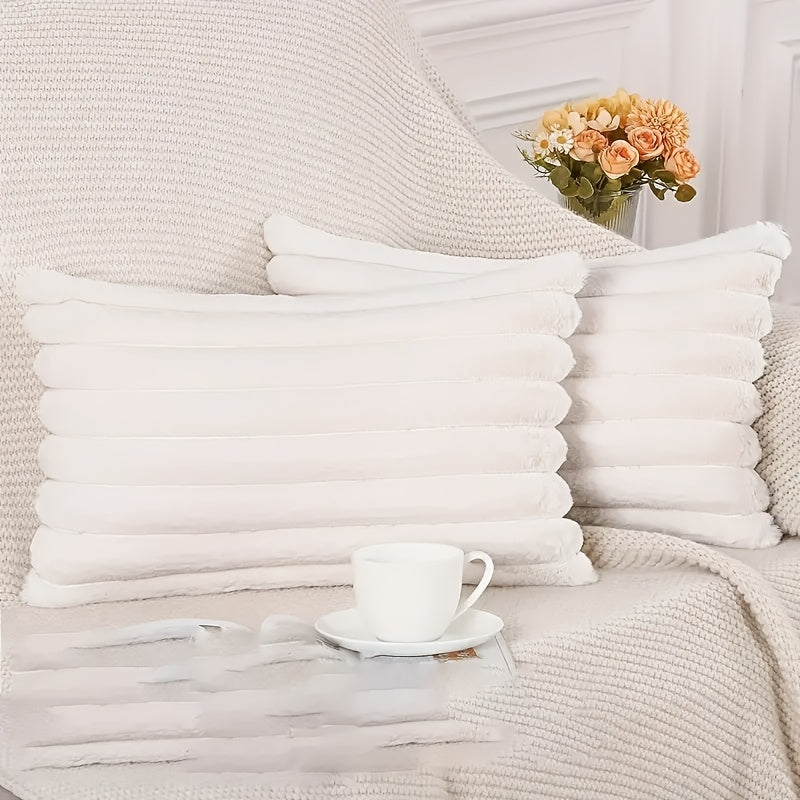 2 Pack Faux Fur Plush Decorative Throw Pillow Covers Cream White Striped for Sofa Couch Bedroom