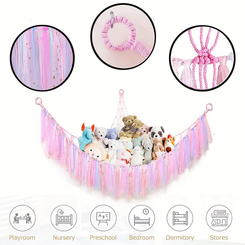 Хранение для висячих мягких игрушек, выбирайте между сеткой или гамаком. Идеально подходит для хранения мягких игрушек в спальнях, игровых комнатах или гостиных. Также доступна макраме-сетка для подвешивания в углах для стильного декора.