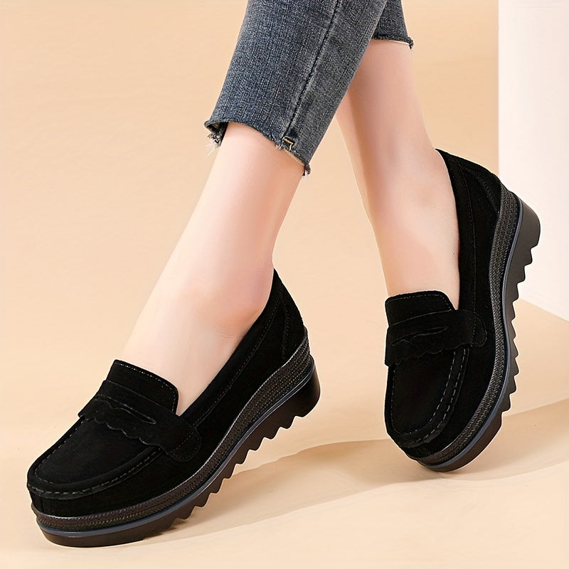 Women's Slip-On Platform Loafers Faux Cover Black Comfortable All-Season Shoes