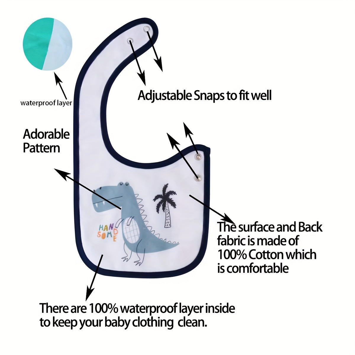 Set of 6 Waterproof Kids Bibs with Adjustable Snap Closure for Boys and Girls