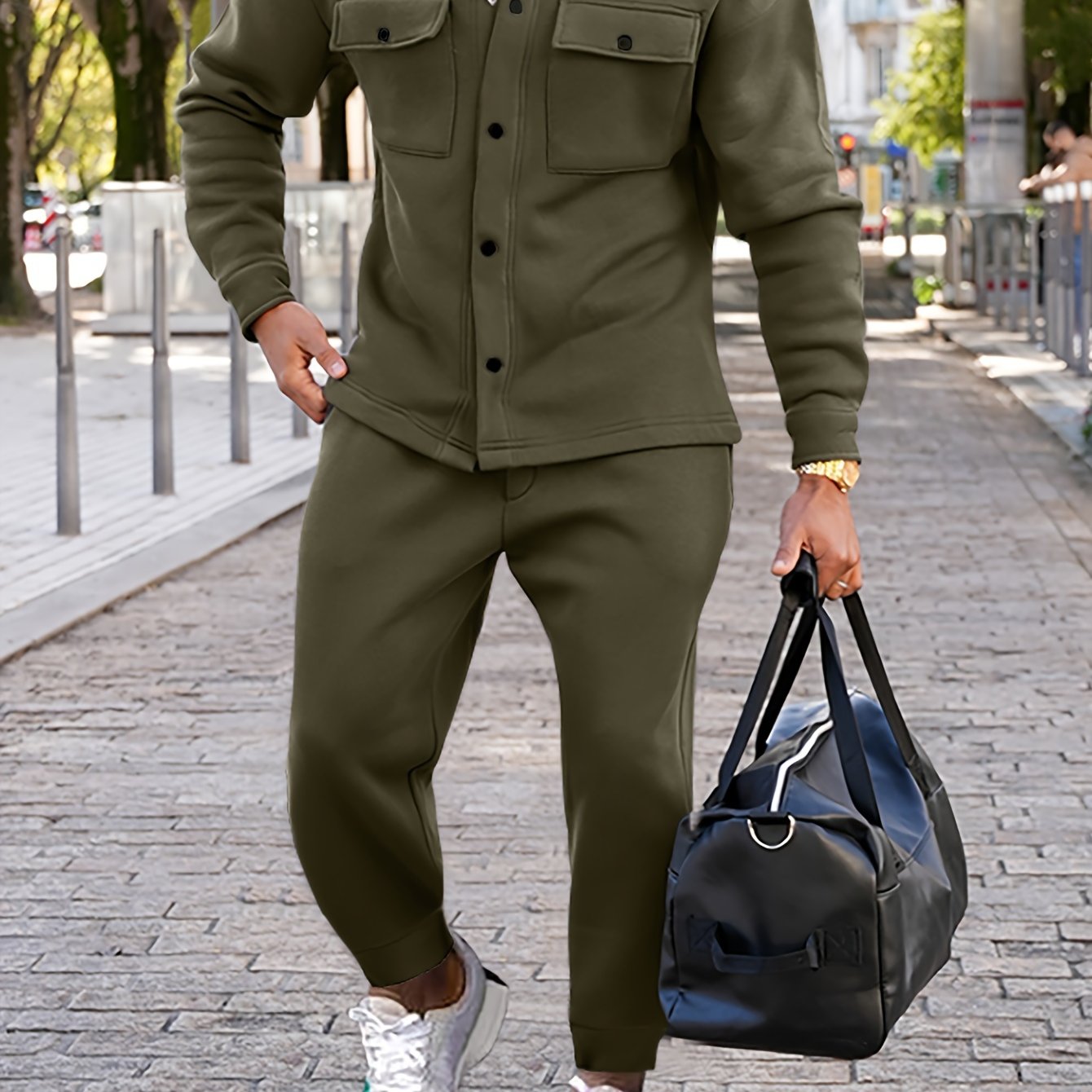 Men's Polyester Winter Outfit Set Button-Up Shirt and Pants Solid Color Fall Winter