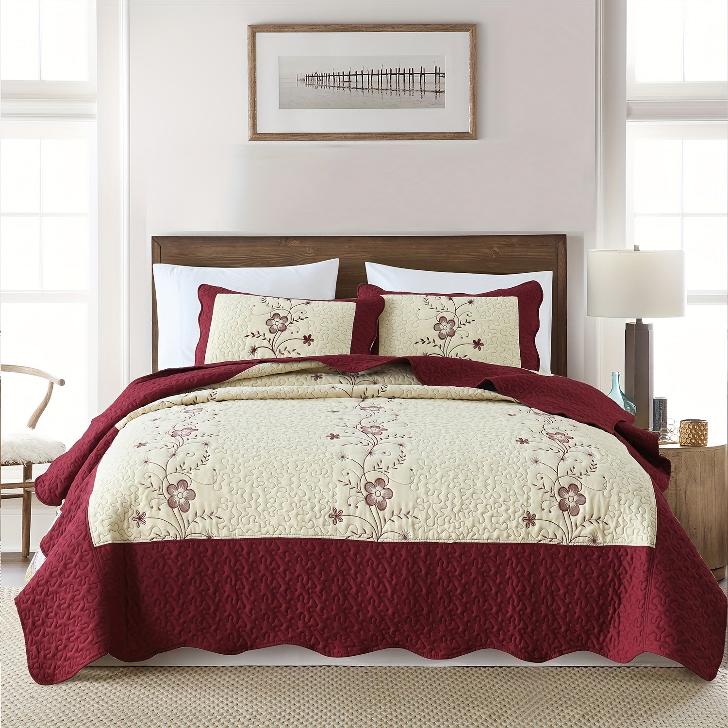 Red Quilt Cover Bedding Set with Flower Pattern Includes Bedspread and Pillowcases for Double Bed