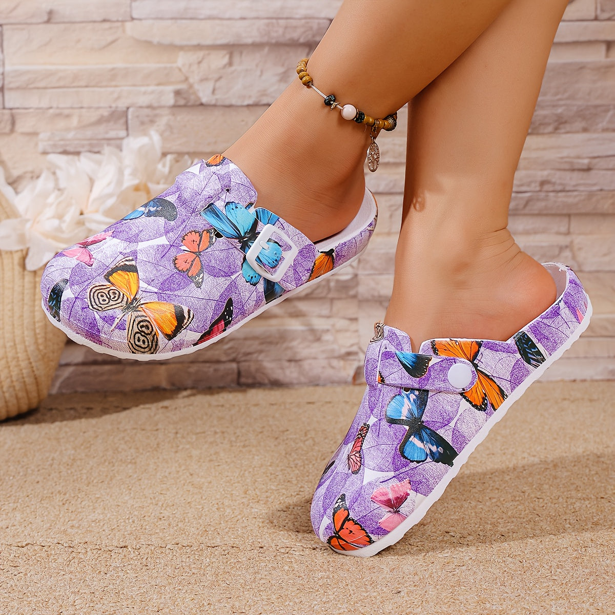 Women Butterfly Print Slip-On Mules Closed Toe Lightweight Comfortable Casual