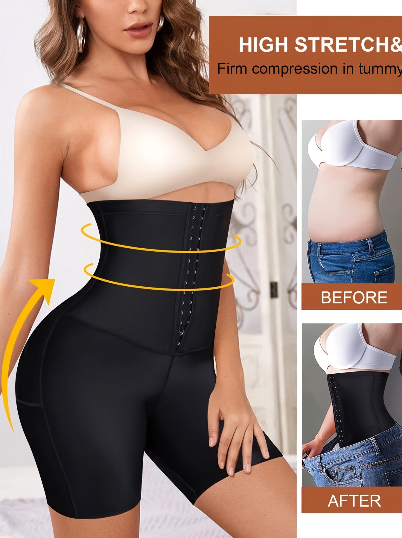 High Waist Compression Shorts with Front Buckle Tummy Control Solid Color Shapewear