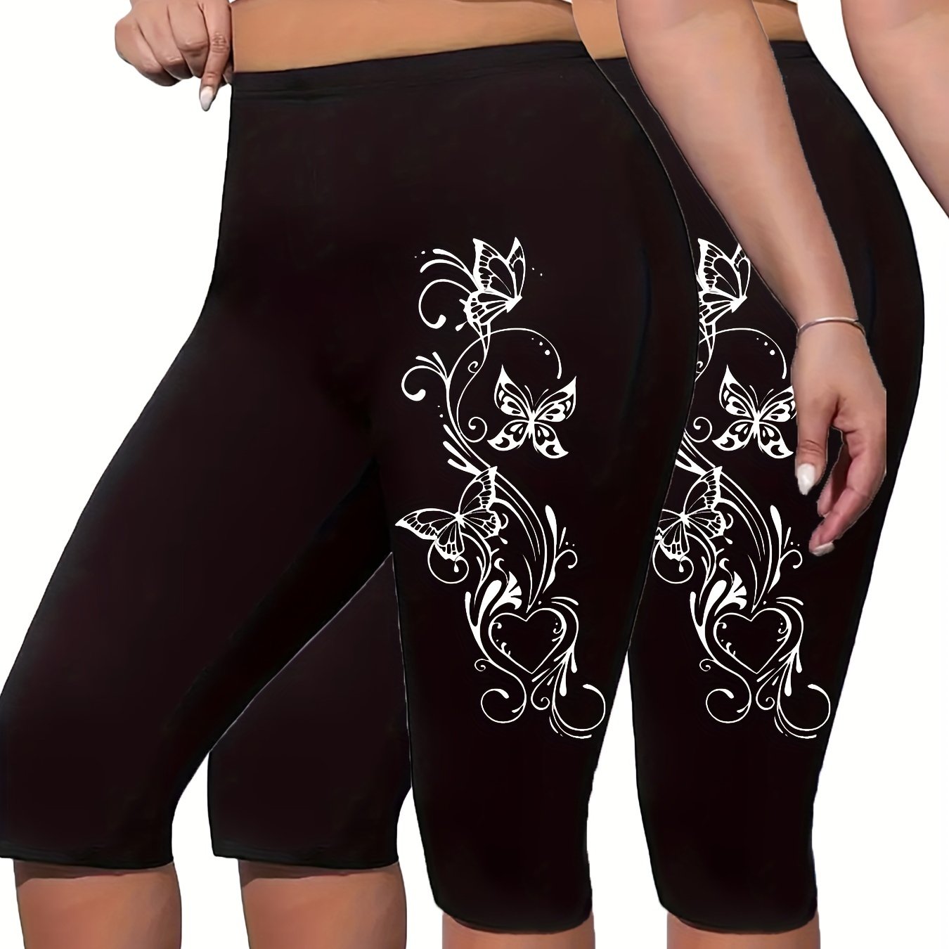 Plus Size Butterfly Print Capri Leggings High Waist Stretchy Spring Summer Women
