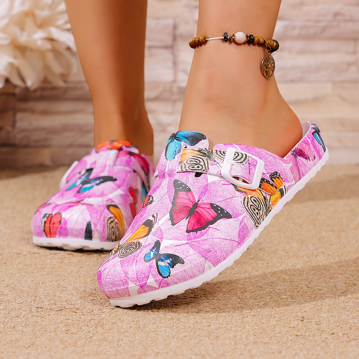 Women Butterfly Print Slip-On Mules Closed Toe Lightweight Comfortable Casual