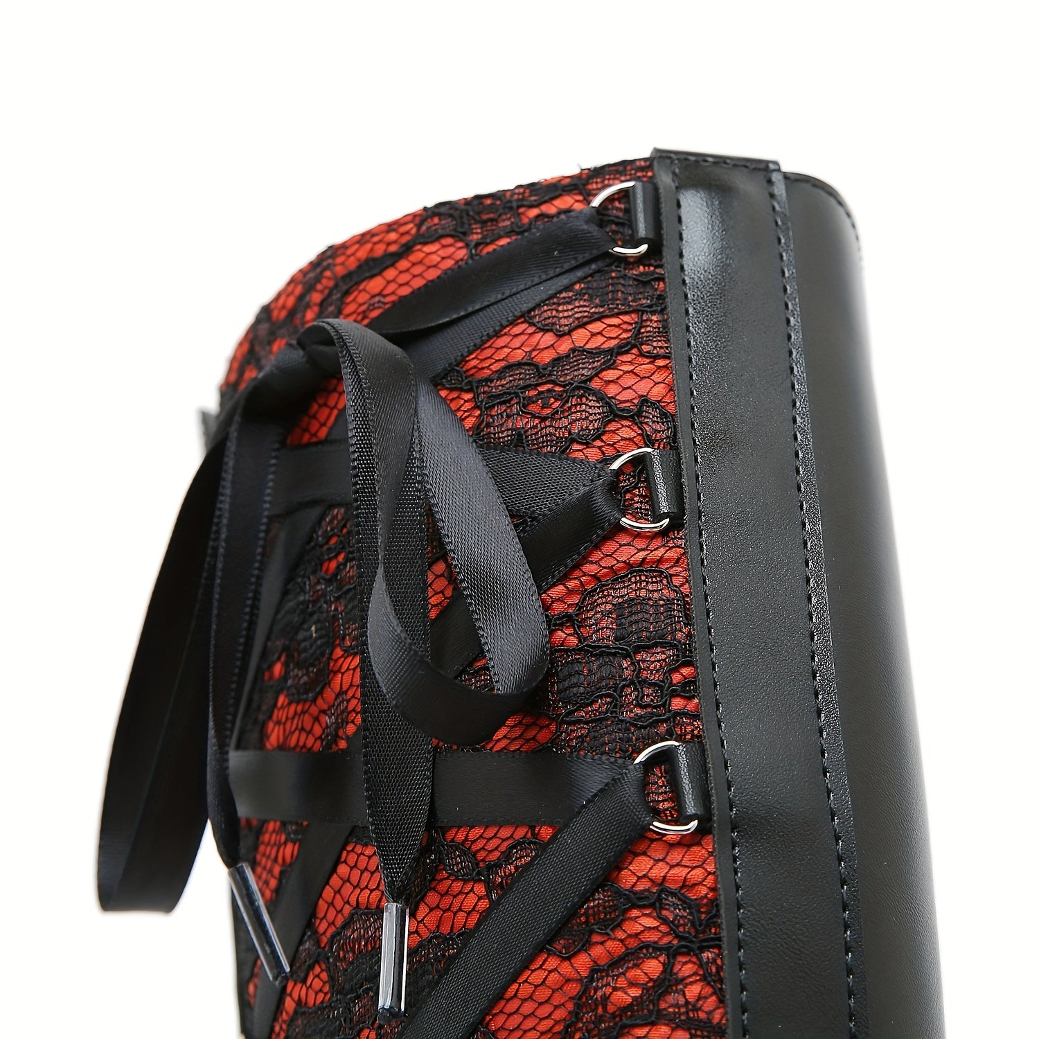 Women's Faux Leather Floral Lace-Up Knee-High Winter Boots Black Red Wedge