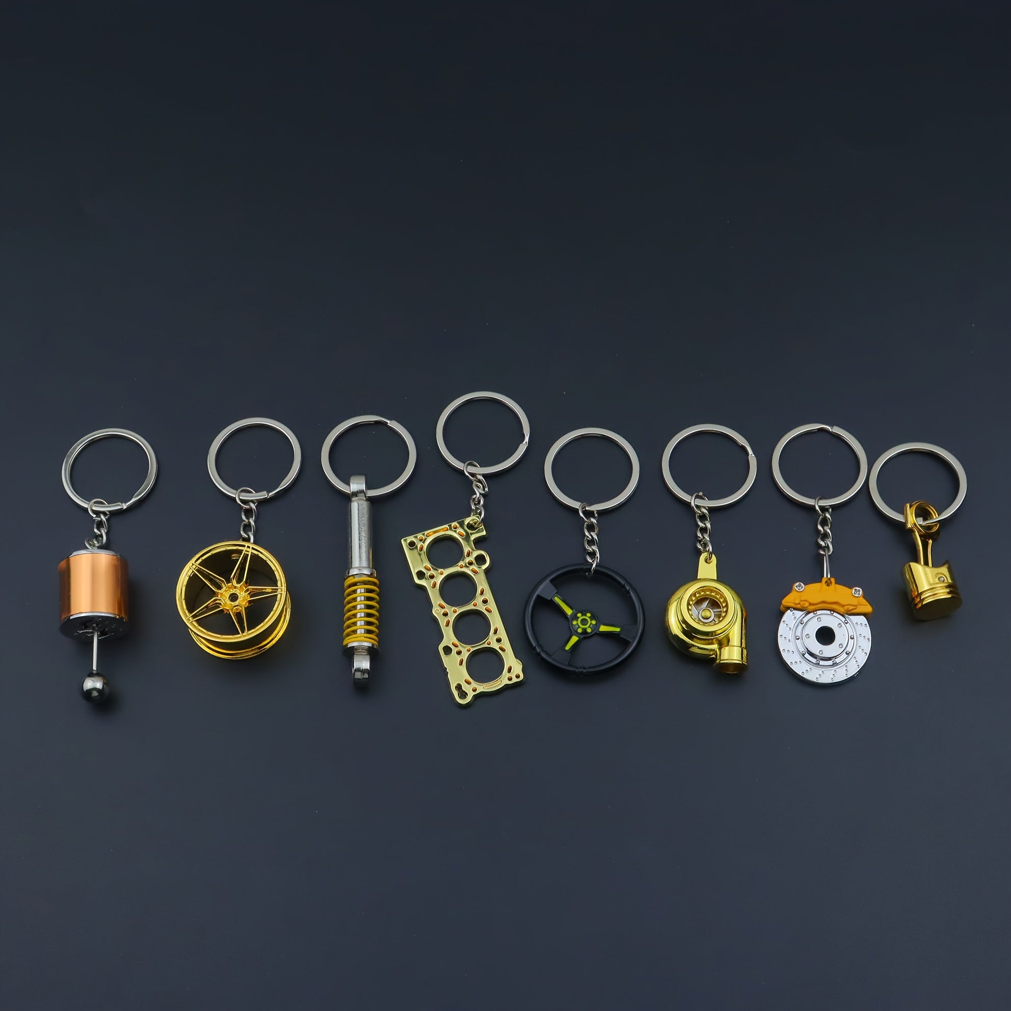 Car Enthusiast Keychain Set - 8 Black Zinc Alloy Engine Component Keychains