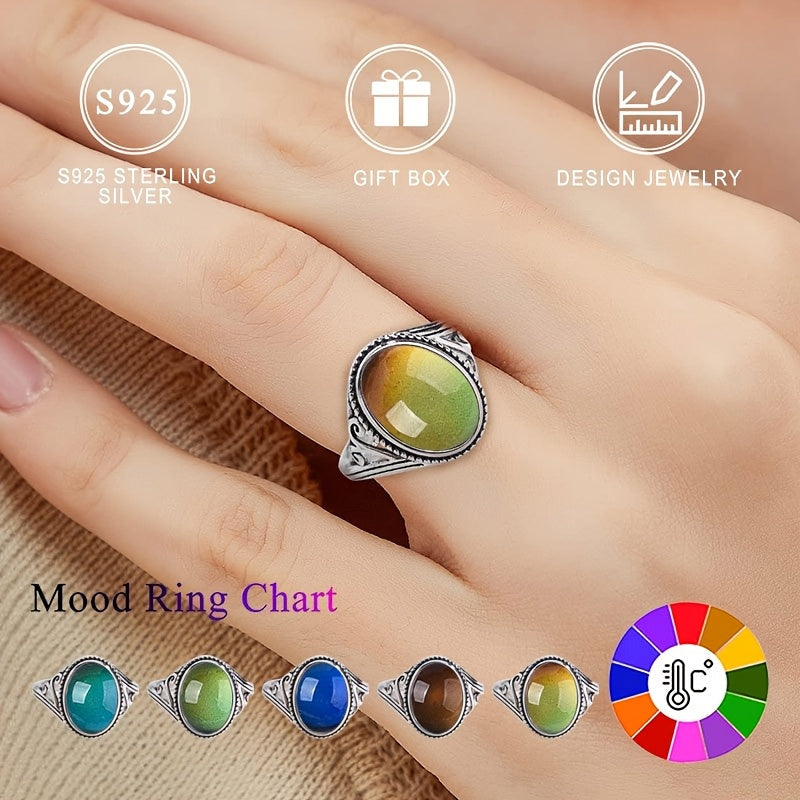 Sterling Silver Ring with Mood-Sensing Synthetic Gemstone Vintage Boho Jewelry for Women