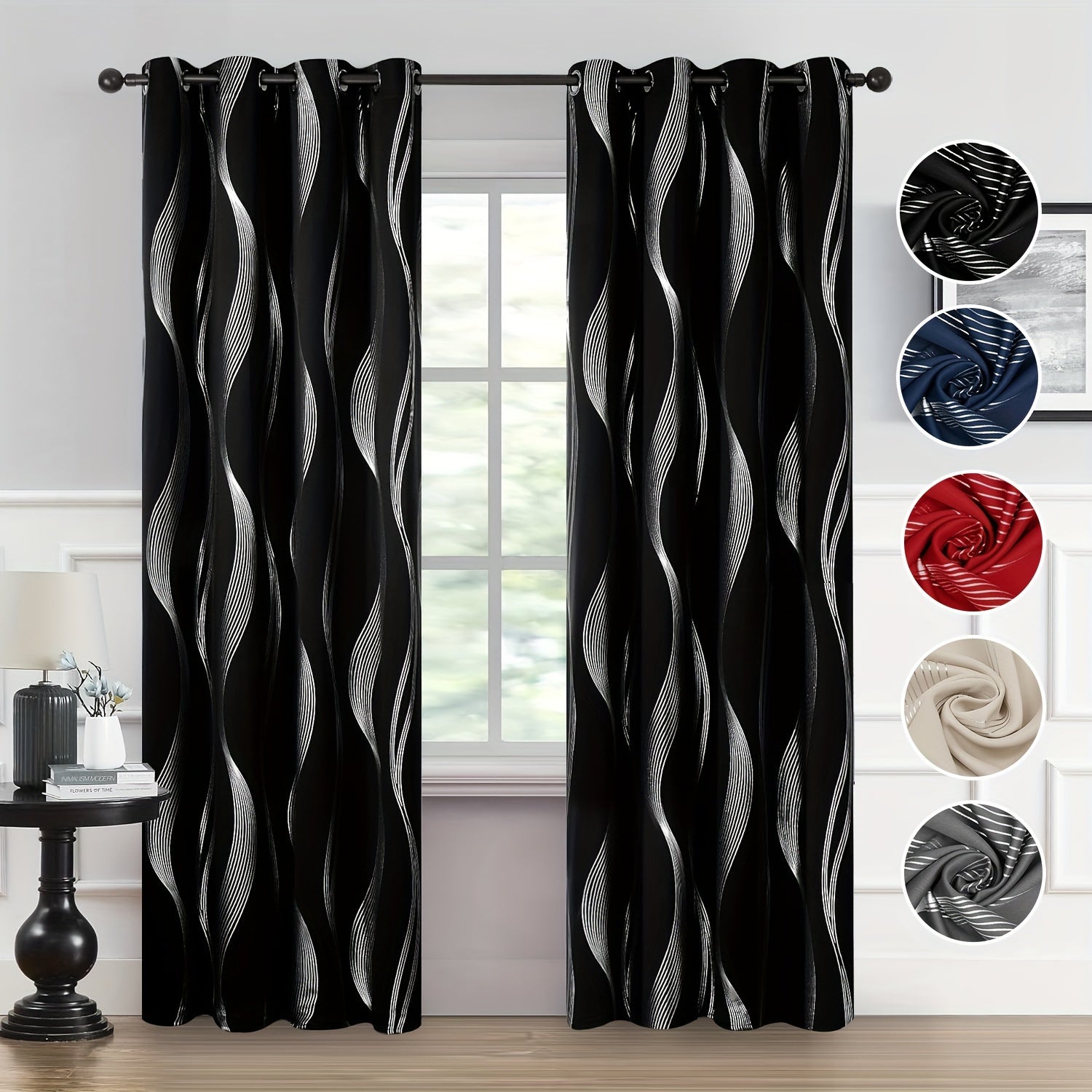 Contemporary Blackout Curtains 2 Pieces Woven Polyester Grommet Top Room Darkening