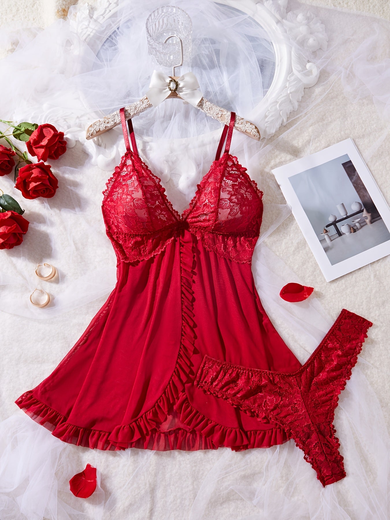 Plus Size Lace Trim Lingerie Sleepwear Set for Women Nightdress and Panty