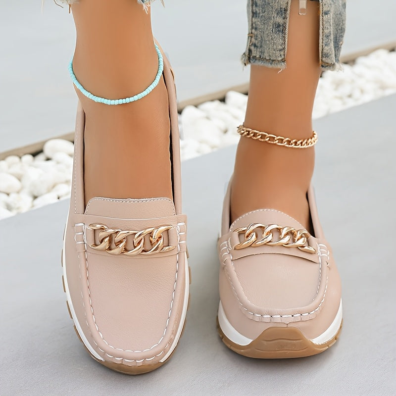 Women's Slip-On Loafers Faux Leather Flats with Metal Buckle in Beige Black Pink Green