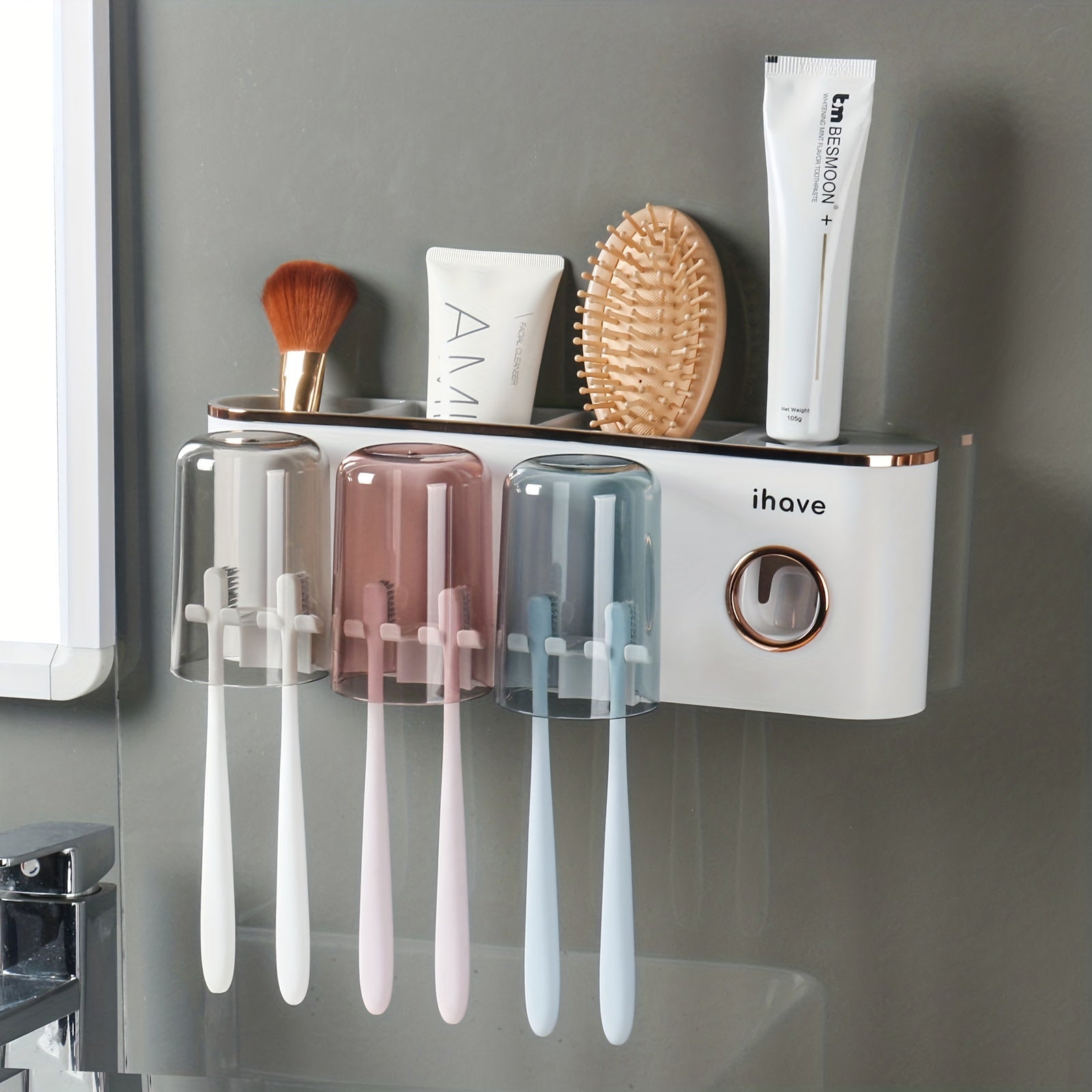 Wall-Mounted Bathroom Toothbrush Holder with Dispenser and Tumbler Set