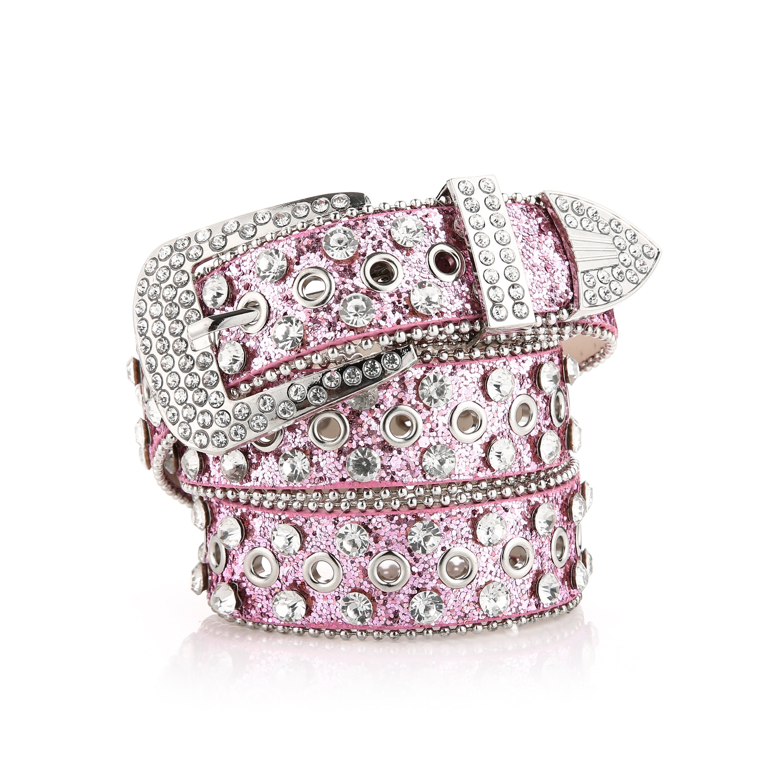 Women's Leather Belt with Sparkling Diamonds Pearl Decorations and Gold Buckle