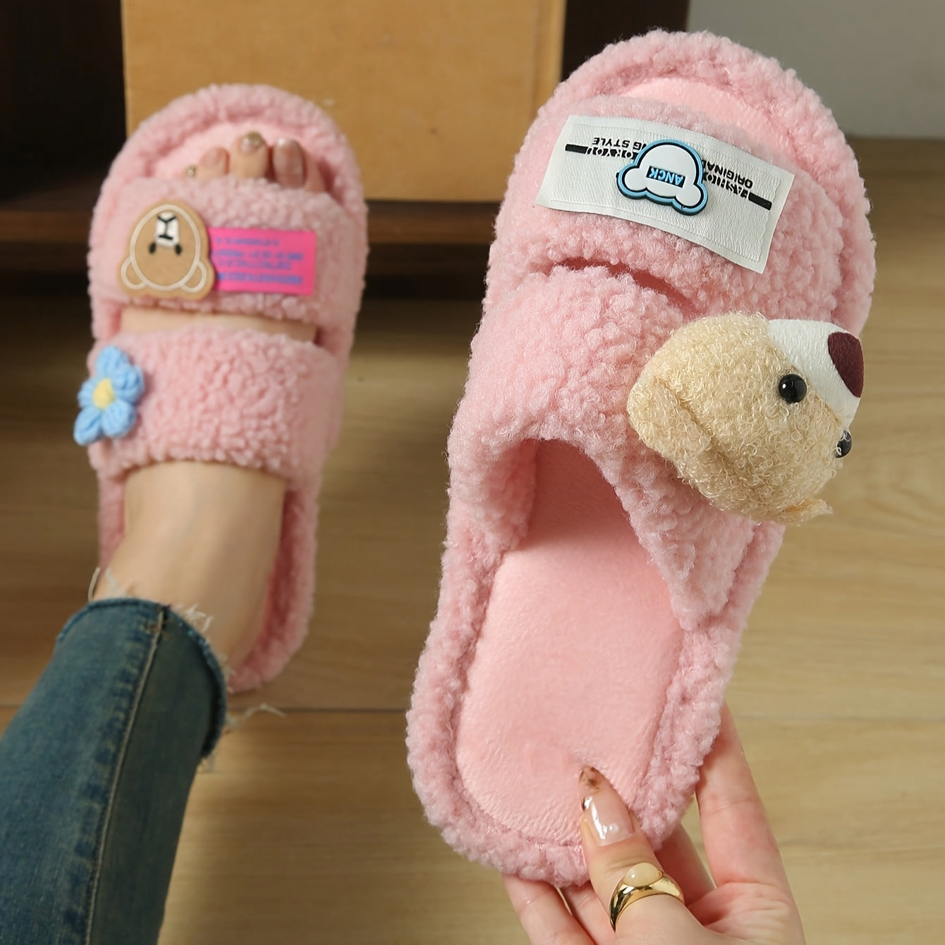 Women's Plush Cartoon Bear Slippers EVA Lightweight Open-Toe Indoor Shoes Black