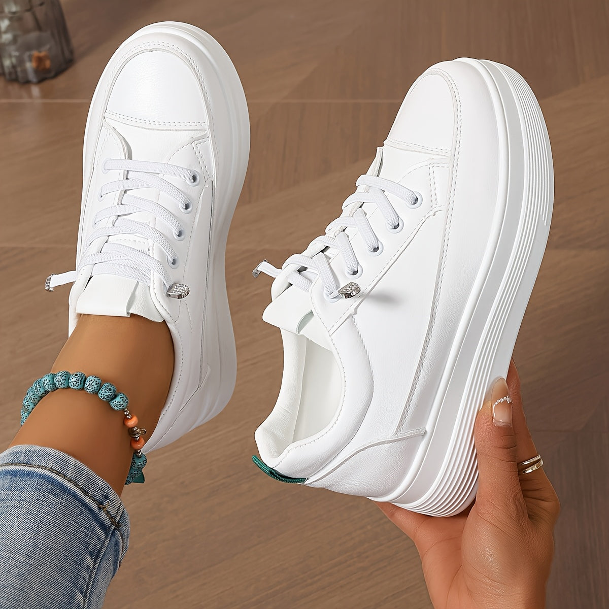 Women's White Platform Sneakers with Rubber Sole and Sequin Detail