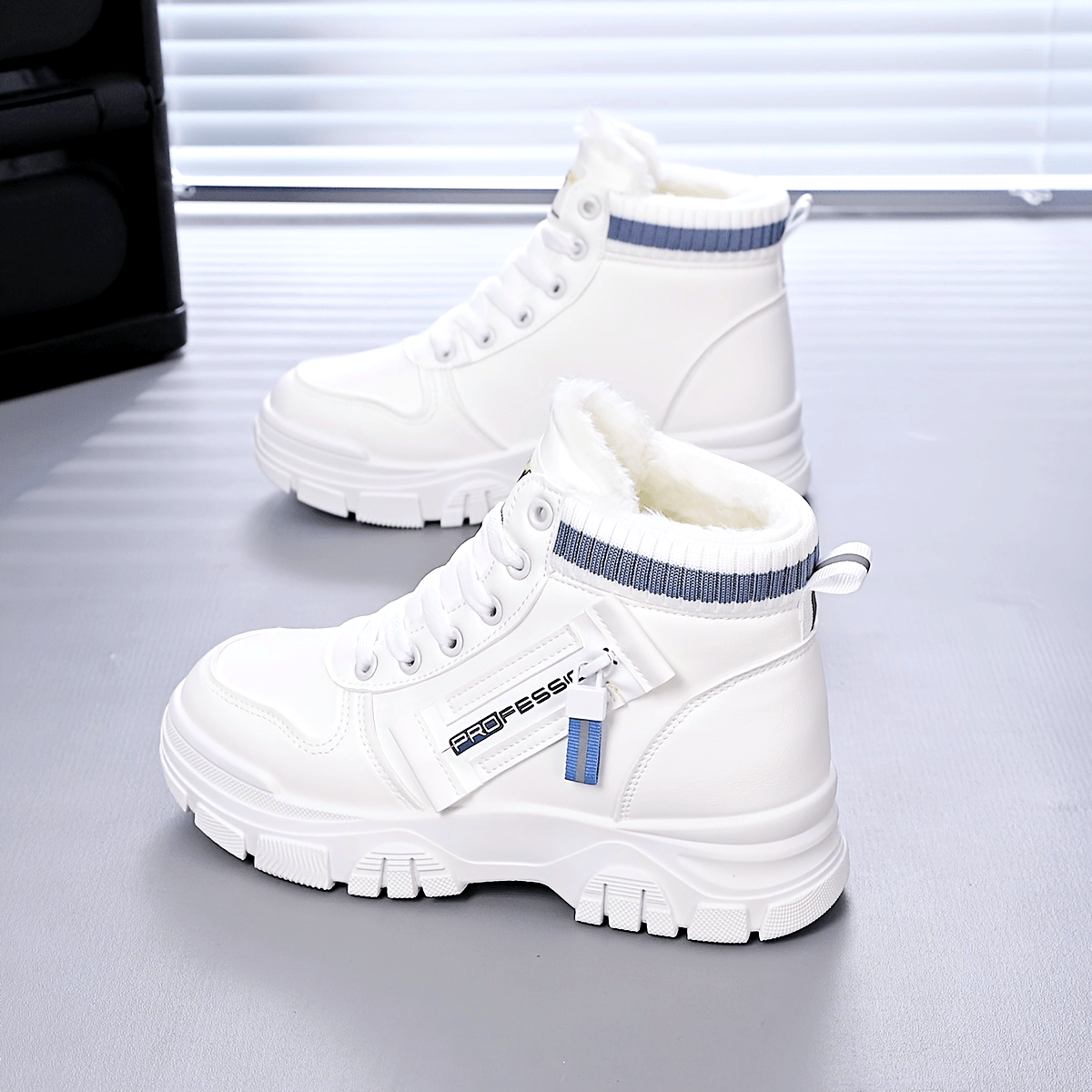 Women's Warm Winter High-Top Sneakers with Fleece Lining and Blue Straps