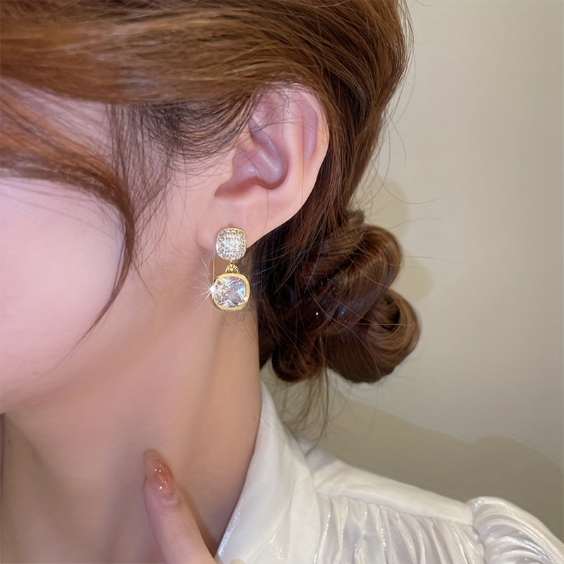 Women Geometric Square Rhinestone Crystal Stud Earrings Zinc Alloy Stainless Steel Posts Jewelry