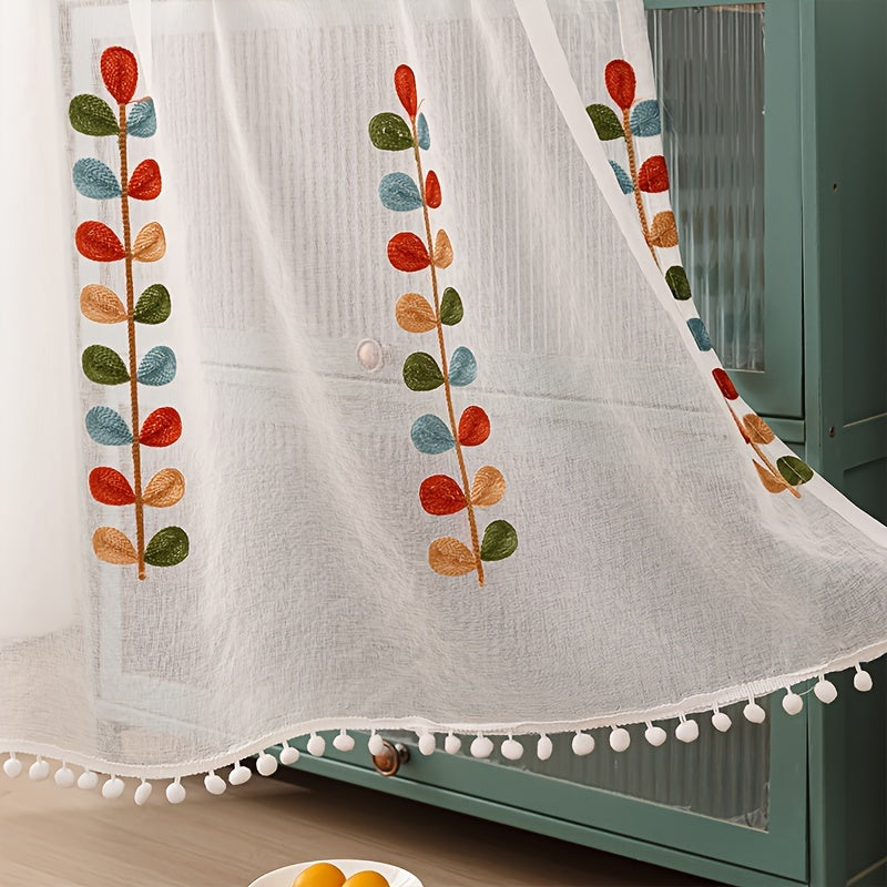 Solid Color Leaf Design Cafe Curtain Short Rod Pocket Kitchen Office Home Decor