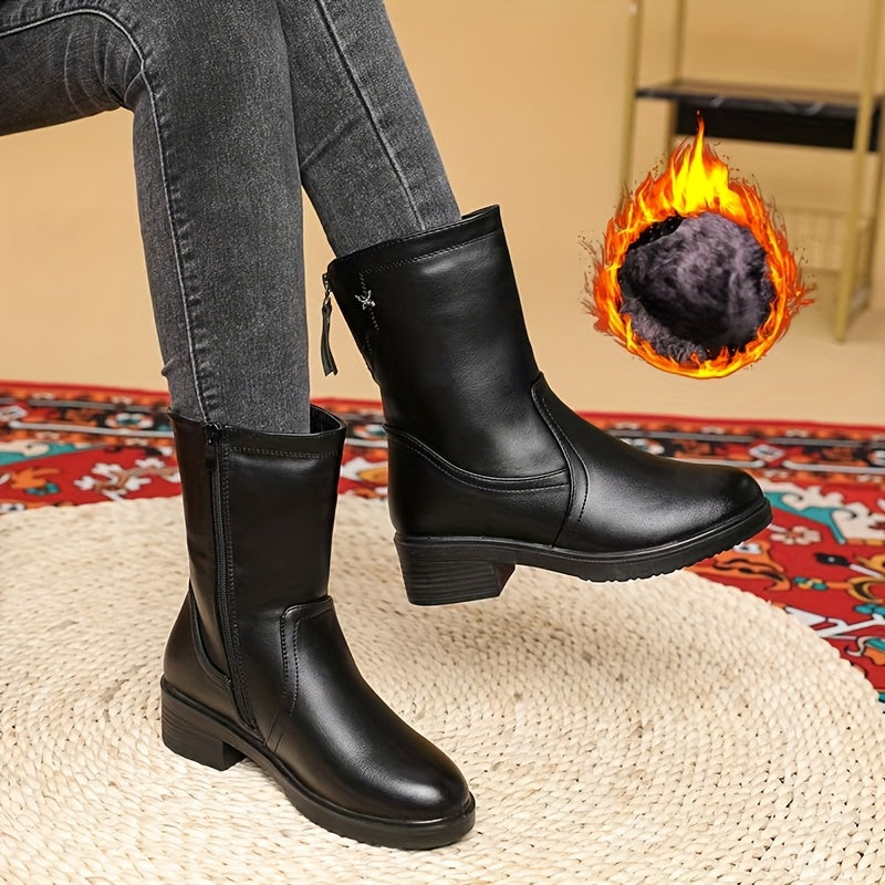 Женские черные кожаные сапоги с платформой до середины икры и застежкой-молнией