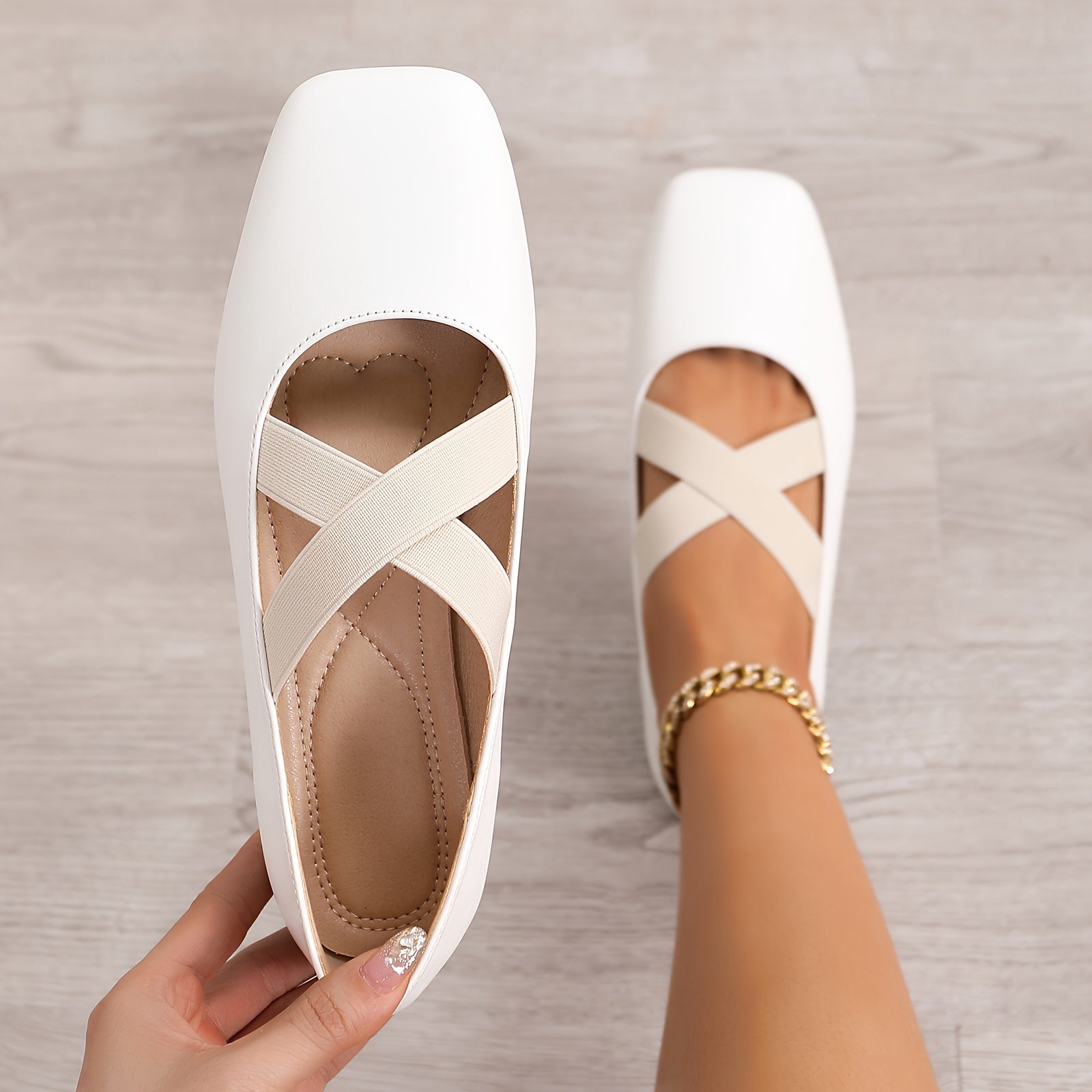 Zapatos planos de punta cuadrada para mujer, bailarinas slip-on con correas elásticas