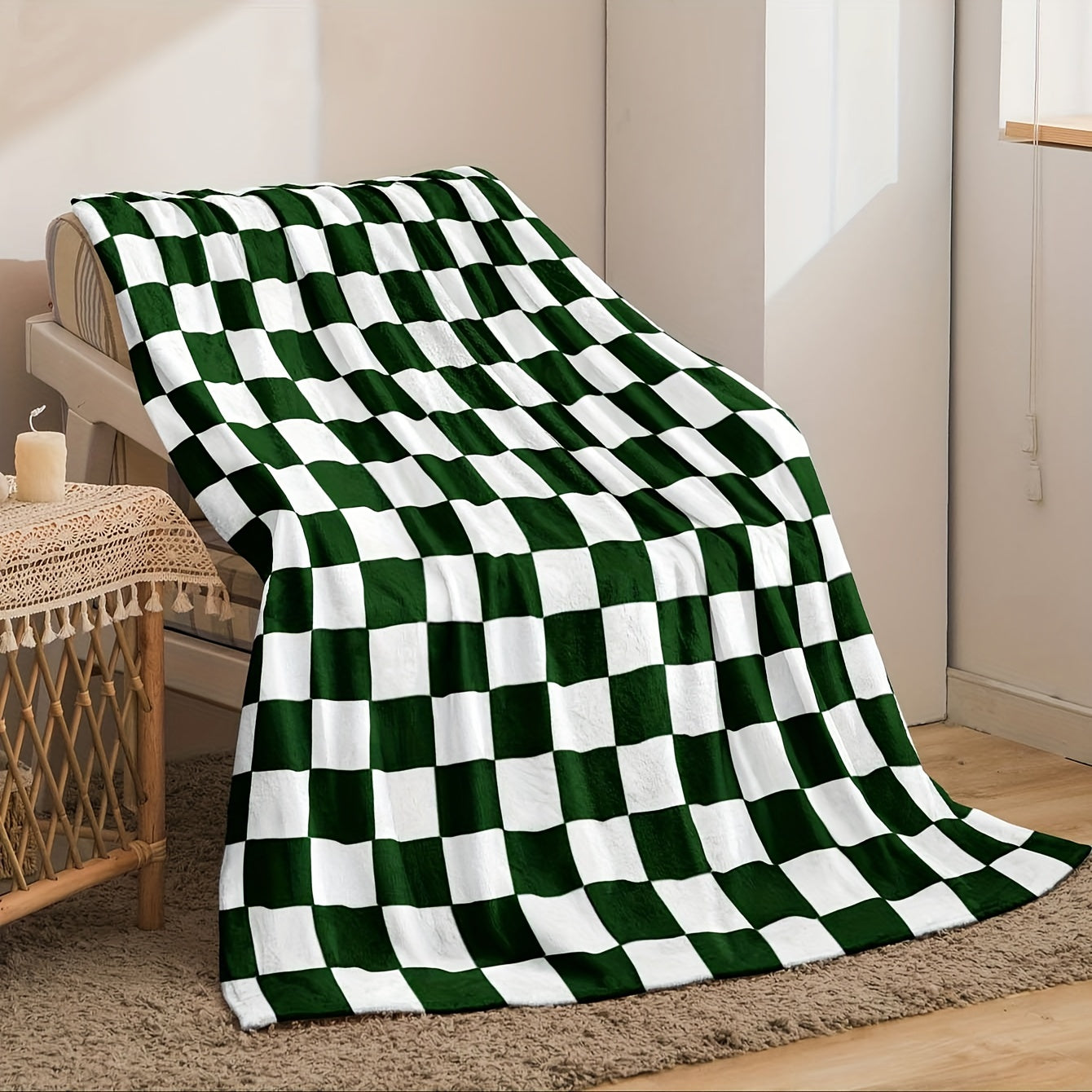 Green and White Buffalo Check Fleece Throw Blanket Reversible Cozy Warm for Sofa Bed Camping