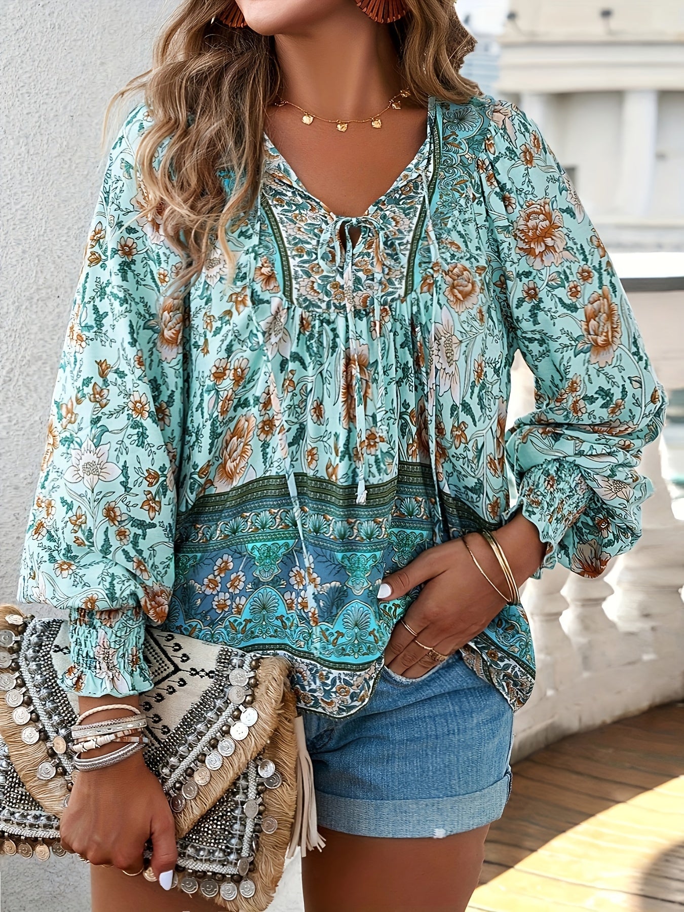 Plus Size Women's Floral Print Long Sleeve Blouse with Smocking Cuffs