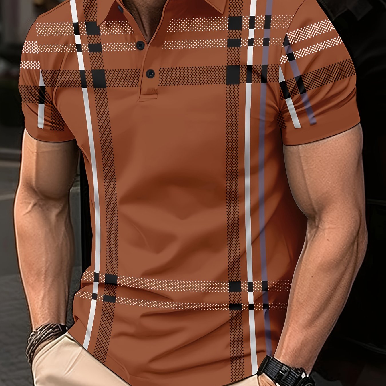 Men's Short Sleeve Shirt Retro Plaid Print Summer Business Casual Polyester Orange Black White