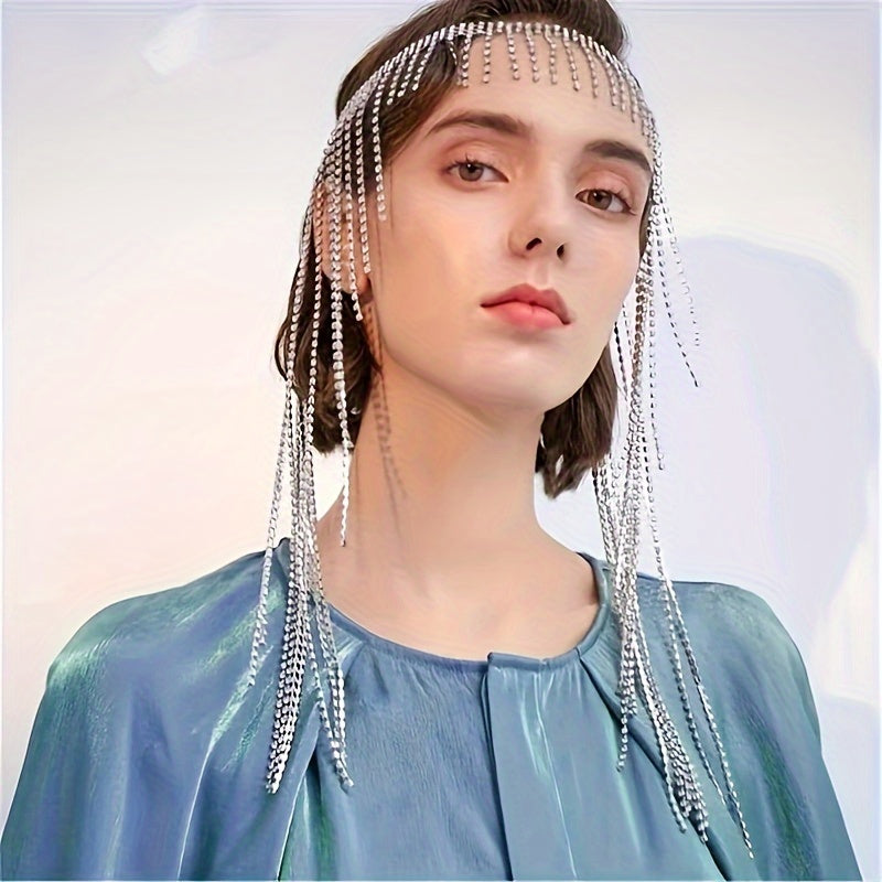 Women’s Retro Headband with Rhinestone Tassels Elastic Alloy Hair Accessory