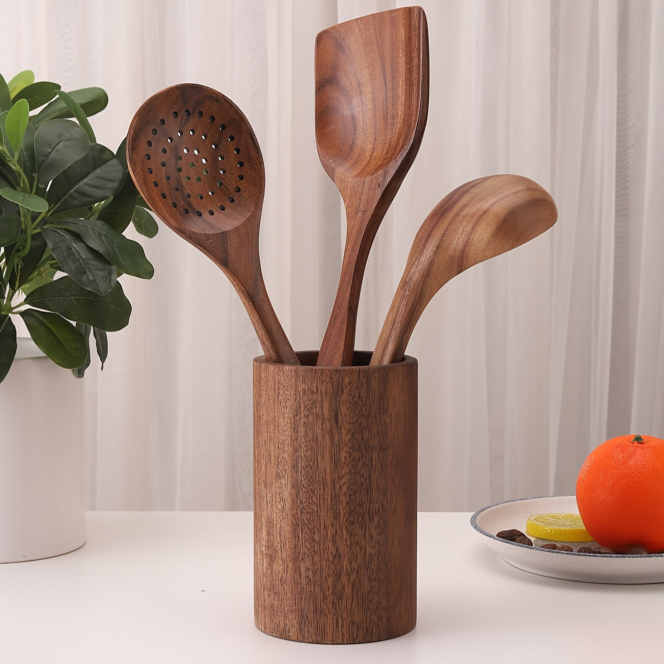 Multifunctional Acacia Wood Cutlery and Pen Holder, Kitchen Utensil Storage