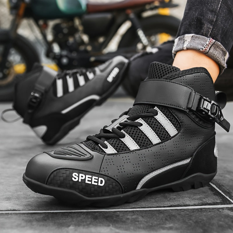 Men's Off-Road Motorcycle Riding Boots PU Leather Ankle High Breathable Perforated Protective Strap