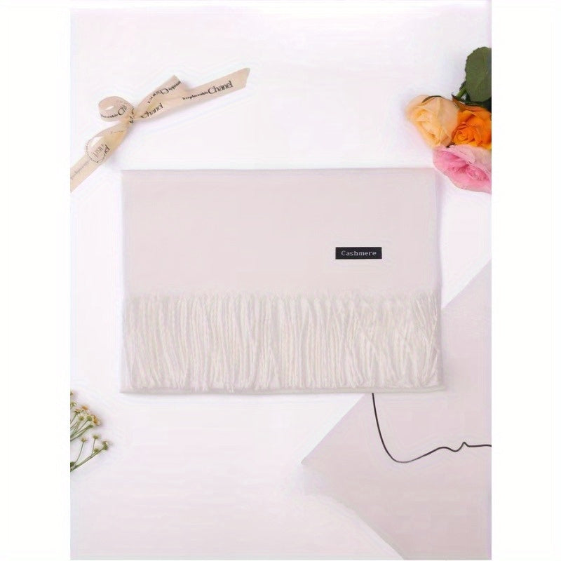 Cashmere-Feel Boho Tassel Scarf for Fall Winter Solid Colors Windproof Stylish
