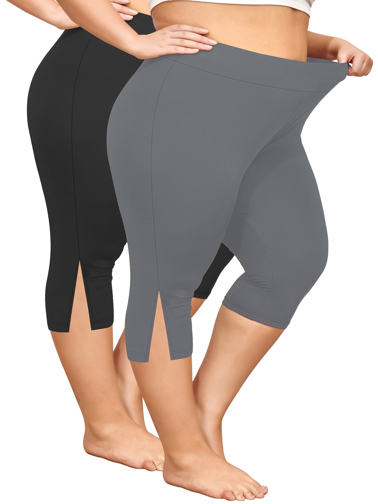 Plus Size High Waist Bermuda Shorts Stretchy Skinny Fit Side Slit Spring Summer