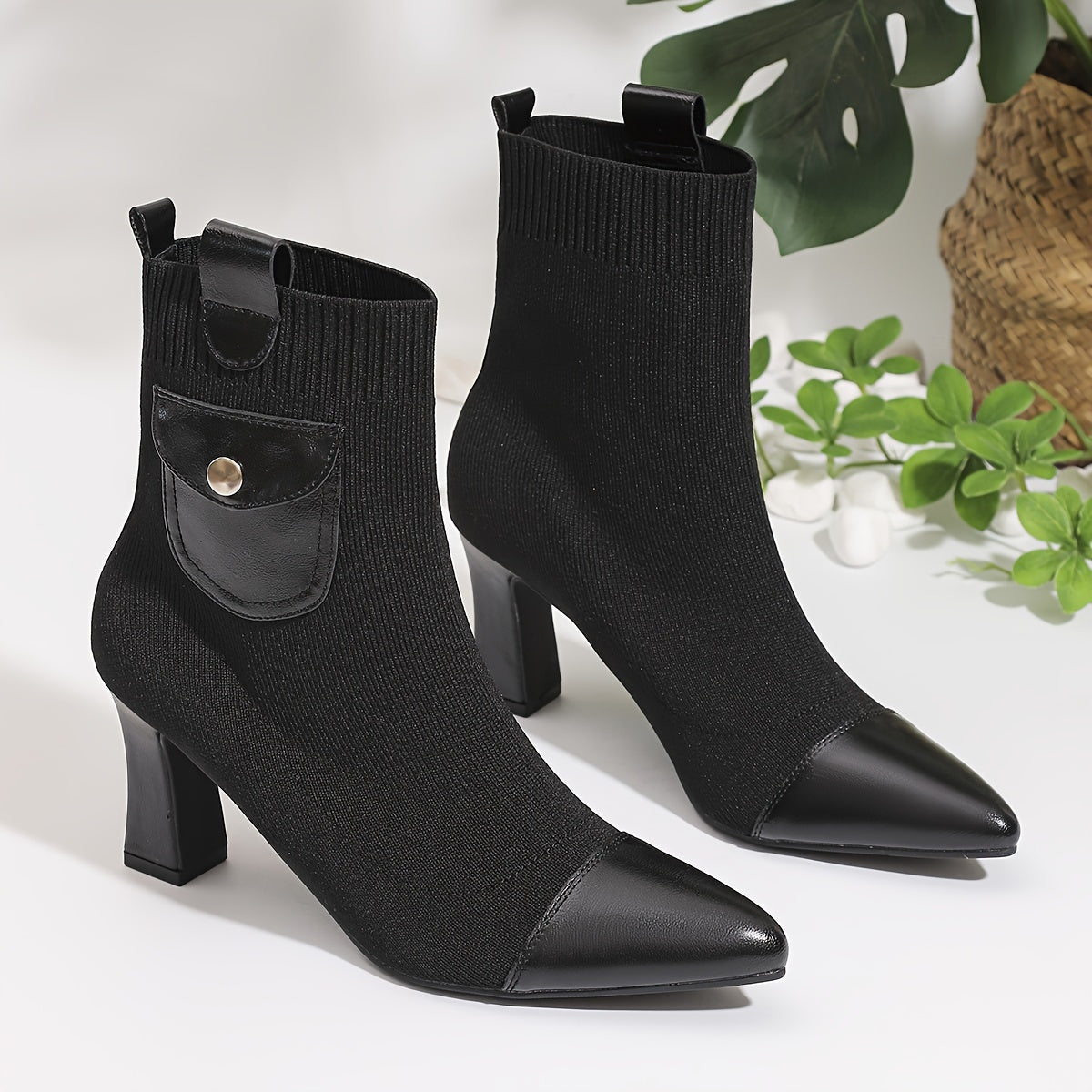Women's Solid Color Pointed Toe High Heel Ankle Boots with Elastic and Thick Heels
