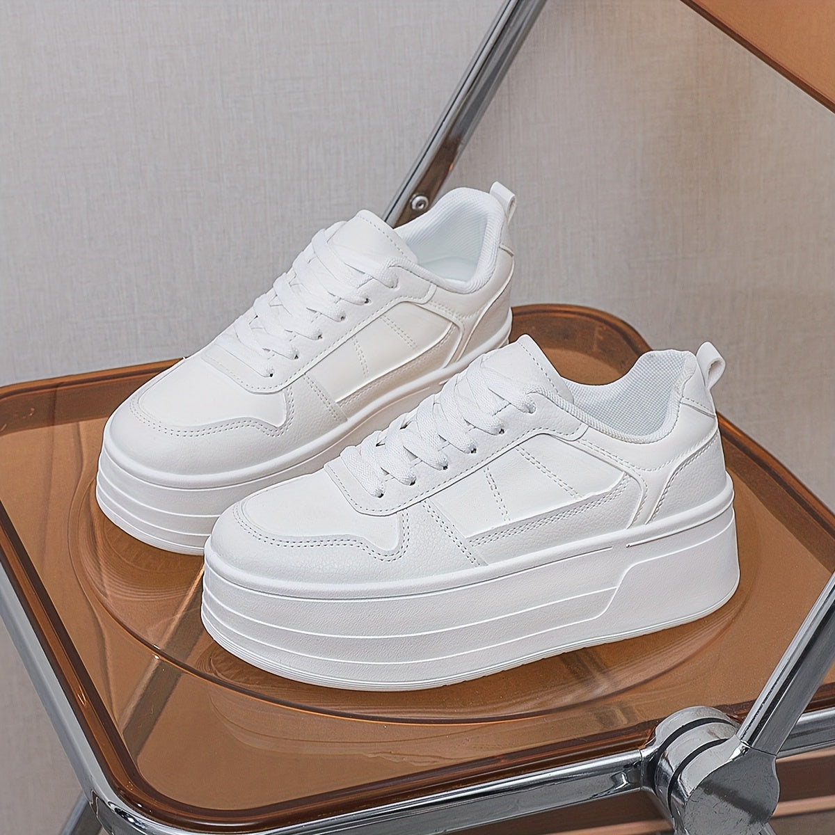 Women's White Platform Sneakers - Lace-Up, Casual Low Top with TPR Sole