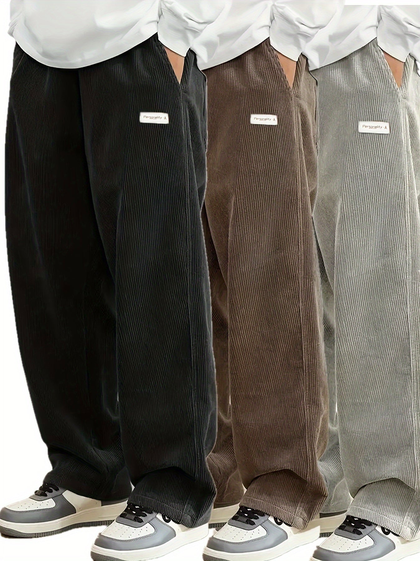 Мужской комплект из вельветовых брюк 3 предмета, осень-зима, свободный крой, прямые штаны, полиэстер, детали алфавита