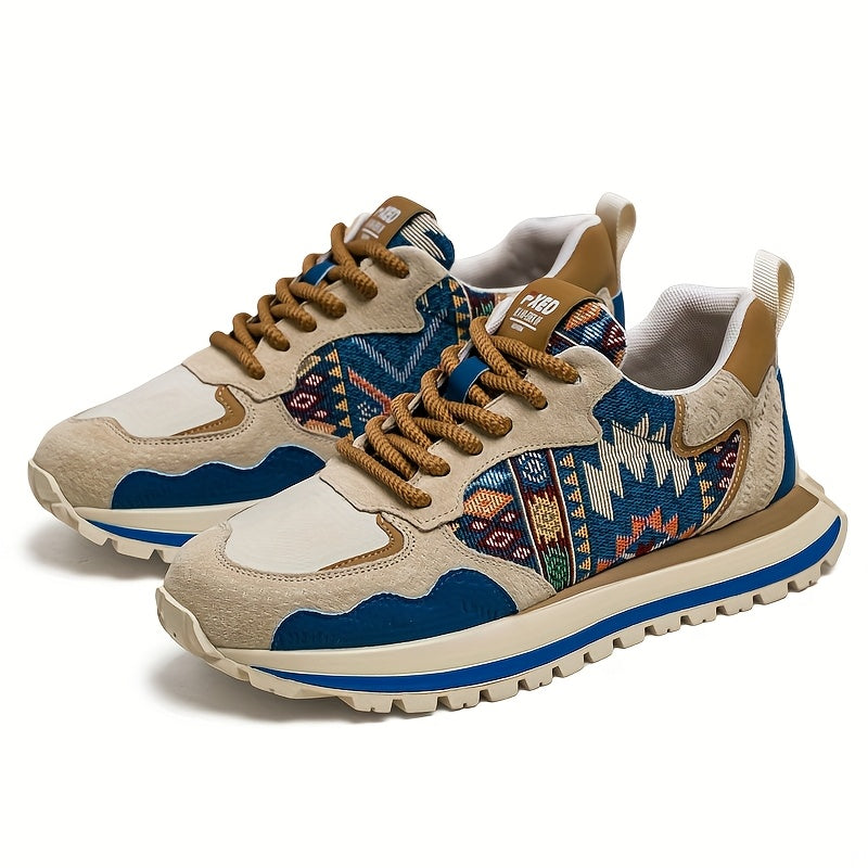 Erkaklar uchun vintage uslubidagi sport poyabzallari, geometrik plitka va tasodifiy naqsh bilan, bog'ichli dizayn, iliq qishki ichki qismi va PVC taglik, mustahkam, sirpanmaydigan ochiq havoda kiyish uchun.