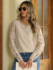 Women's Elegant Lace Spliced Crew Neck T-Shirt for Spring and Fall