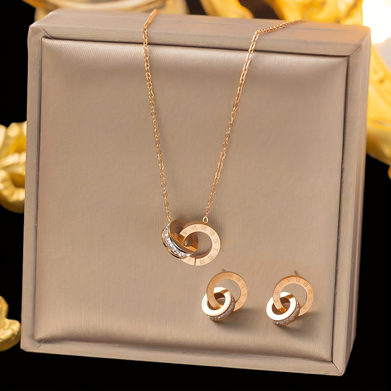 Stainless Steel Jewelry Set with Double-Loop Roman Numeral Necklace and Earrings for Women