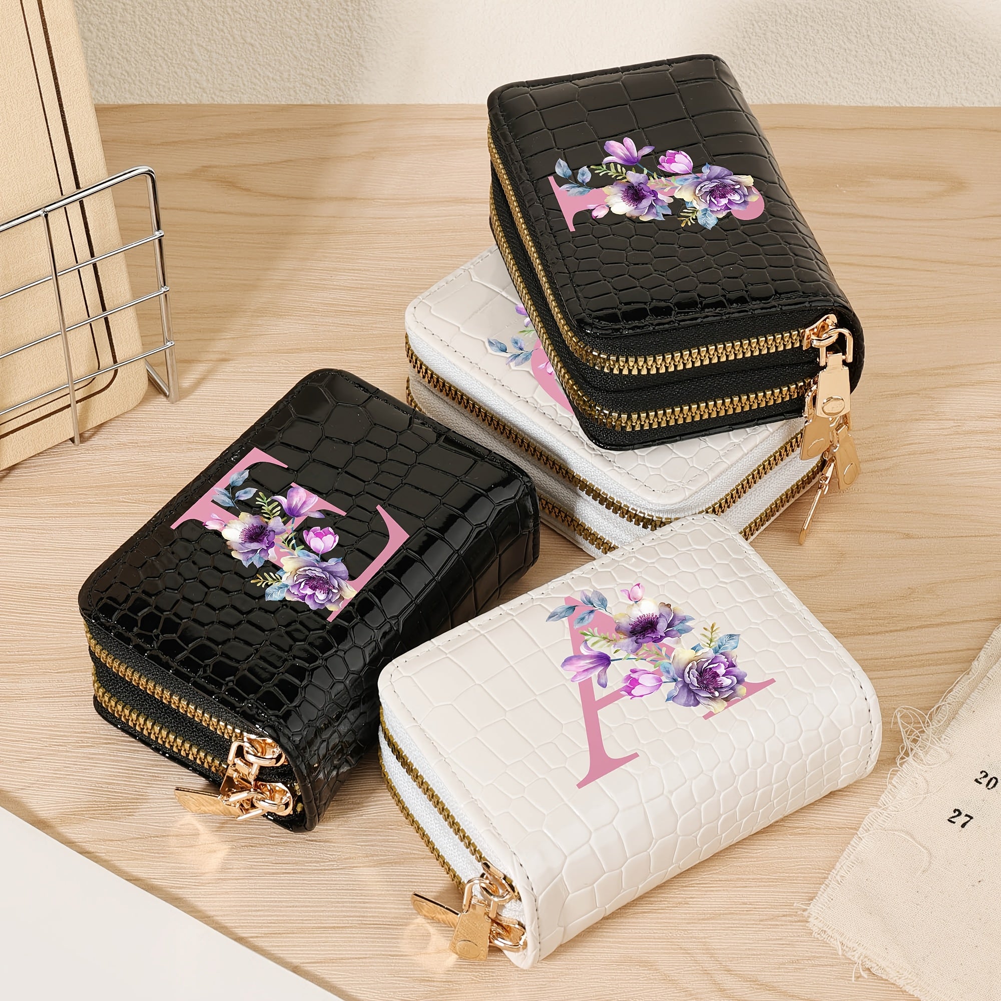 Women's Crocodile Pattern Wallet with Zipper, Double Zipper Coin Purse for Travel and Daily Use in Black White Pink