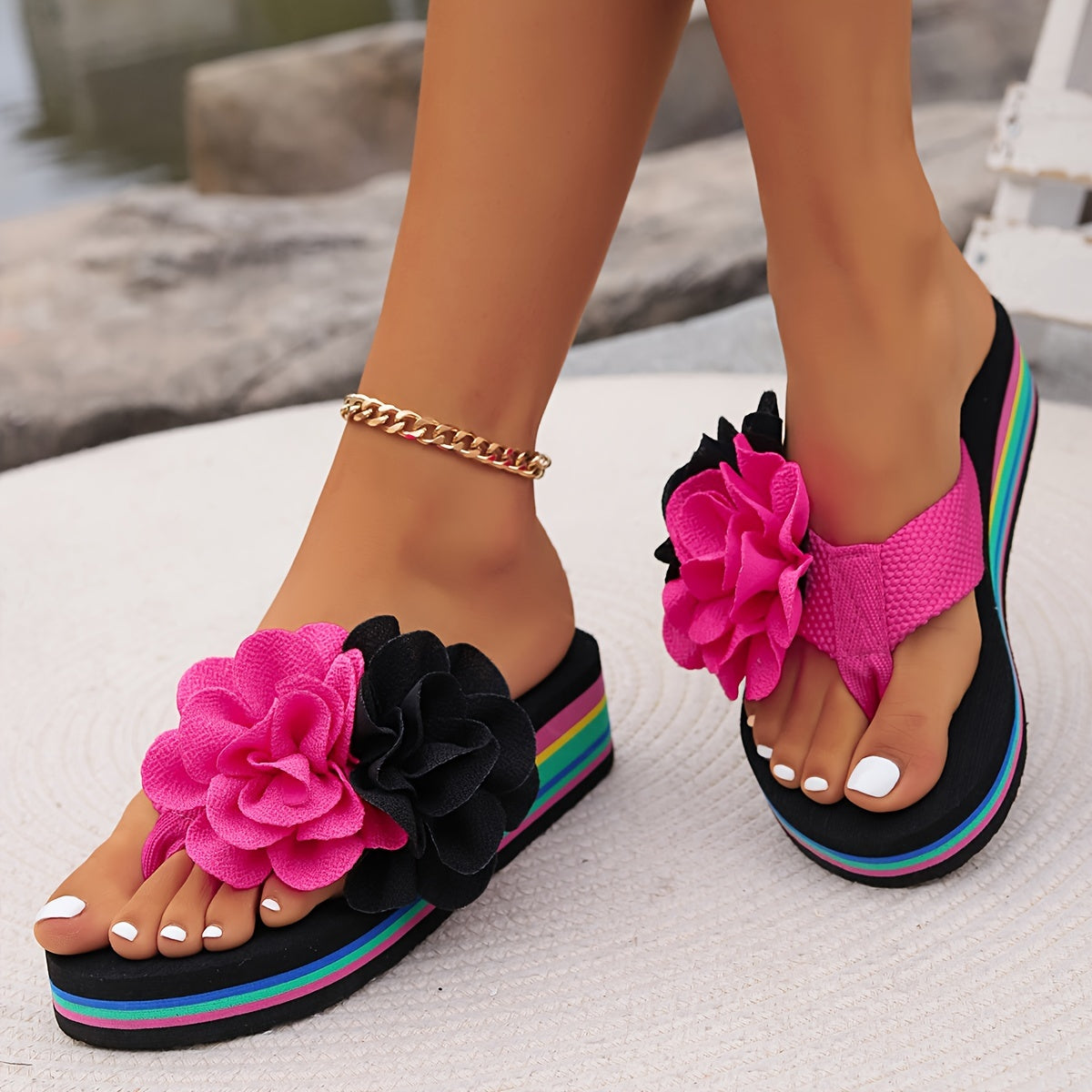 Women's Flip Flops Platform Slides Non-slip Wedge Floral | Vacation Beach