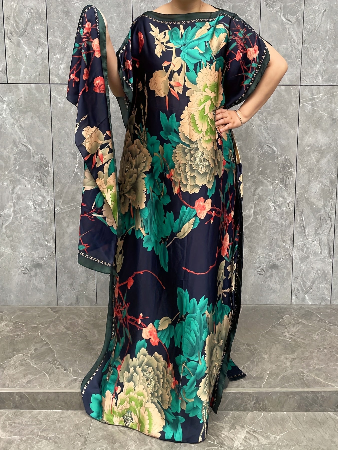 Plus Size Floral Print Maxi Kaftan Dress Short Sleeve Summer Beach Coverup