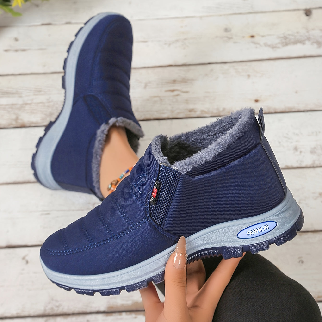 Women's Winter Ankle Boots Plush Fleece Lining Casual Slip-On Black