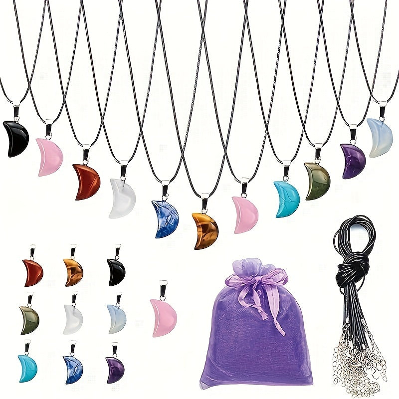 20 Retro Moon-Shaped Pendant Jewelry Making Kit with Black Leather Necklace Chains