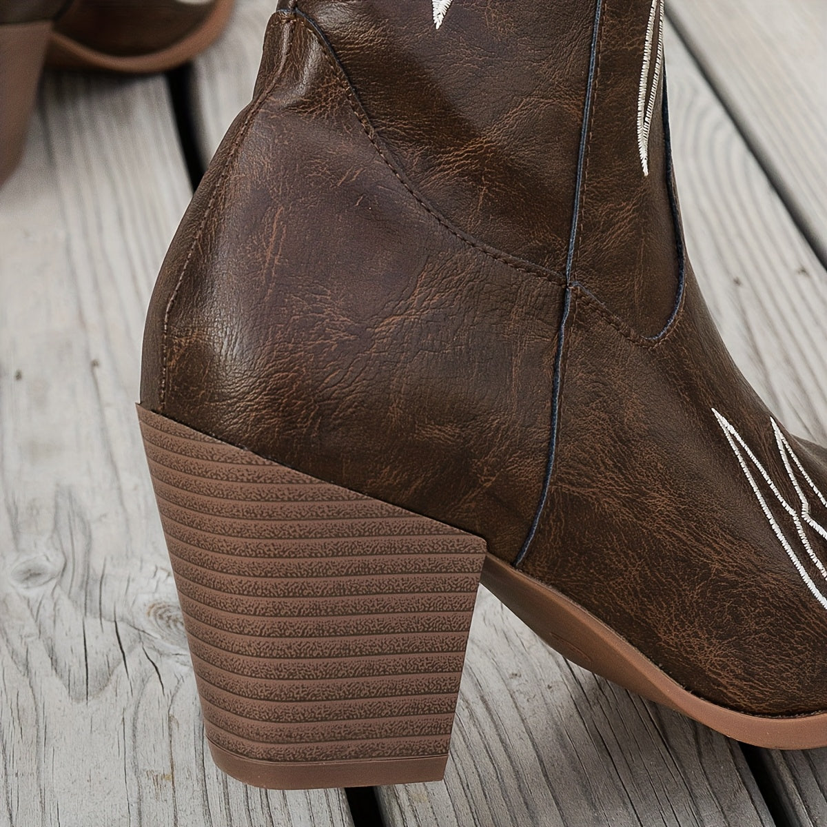 Women's Faux Leather Western Boots with Zipper, Brown White Embroidery